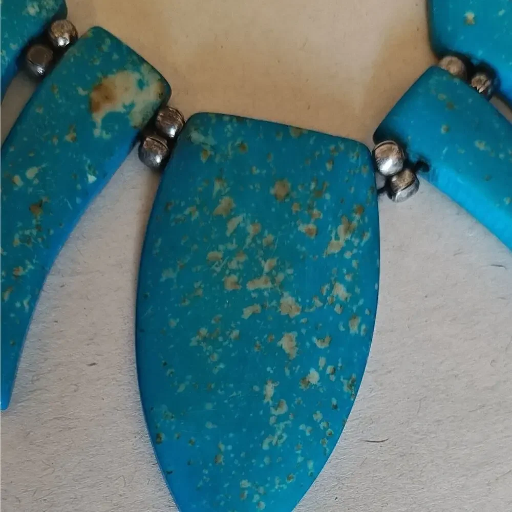 Blue Turquoise Statement Necklace Gold Art Deco Resin‎ Chunky Tribal Choker 8 in
